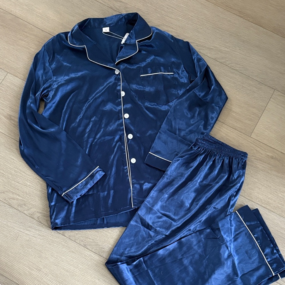 Navy Blue Satin Pajama Set